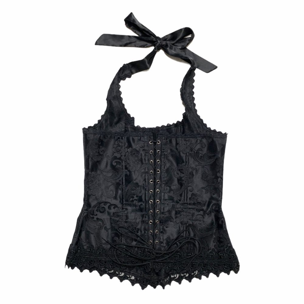 Vintage 90s black satin lace trim corset - Picture 2 of 4